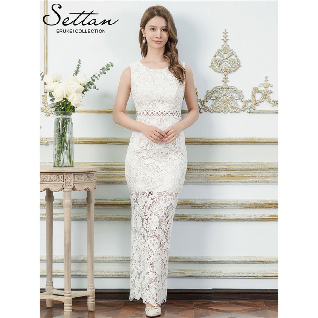 [SETTAN] 2color 総レース シアー 透け感 ハイウエスト インナーミニ ノースリーブ バックスリット タイト ストレート ロングドレス ホワイト レッド 上品 大人 結婚式 披露宴 二次会 演奏会 発表会 パーティー 撮影 衣装 ナイトワーク大きいサイズ LK エルケイ 雪丹 S25298