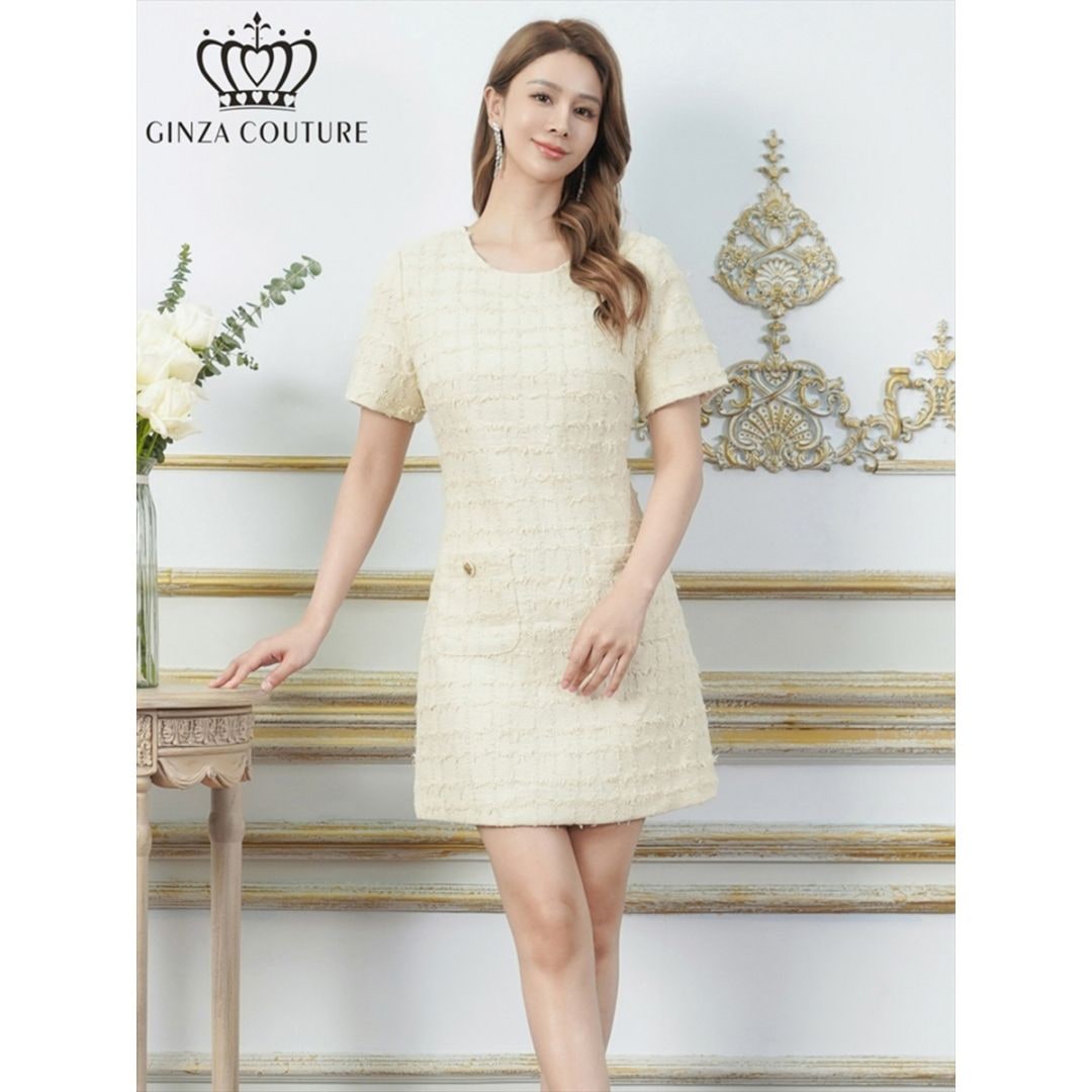 [GINZA COUTURE] ツイード アイボリー 金ボタン ポケット パールブローチ 半袖 Aライン ミニドレス ワンピース 上品 大人 結婚式 披露宴 二次会 演奏会 発表会 パーティー 会社 撮影 衣装 ビジネス ナイトワーク キャバクラ クラブ 大きいサイズ ERUKEI LK エルケイ C25342