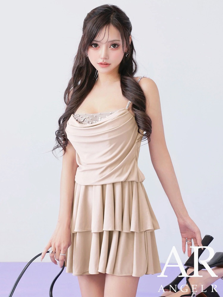 予約(1月中旬～1月下旬入荷予定)AngelR 5color キャバドレス ミニ フレア マイクロ ドレープ×バストビジュー メッシュ段フリル ストレッチ パッド付 背中YKKファスナー AR26203