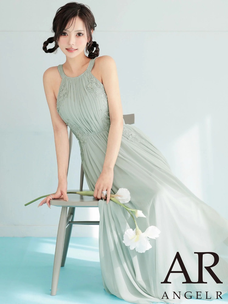 予約(1月中旬～1月下旬入荷予定)【AngelR】4color ホルターネック プリーツ フラワーレース ビジュー フレア ロングドレス AR26807