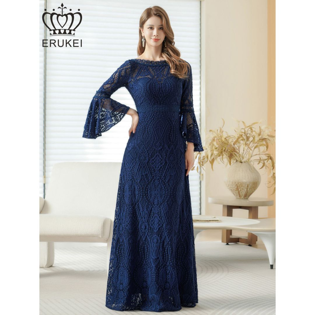 [ERUKEI] 4color 選べるカラー 総レース シアー ベルスリーブ 長袖 背中魅せ ハイウエスト Aライン ロングドレス 上品 大人 結婚式 披露宴 二次会 発表会 演奏会 撮影 衣装 ステージ衣装 クラブ ナイトワーク キャバクラ ナイトドレス 大きいサイズ ERUKEI エルケイ E24083