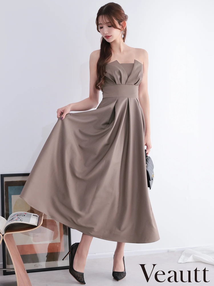 【Veautt】4color 立体バストタック ベアトップ ウエストマーク プリーツ フレア ロングドレス 肩紐付き パッド付き ノンストレッチ 背中ファスナー 上品 大人 モカ ベージュ グレー ブラウン VT082602