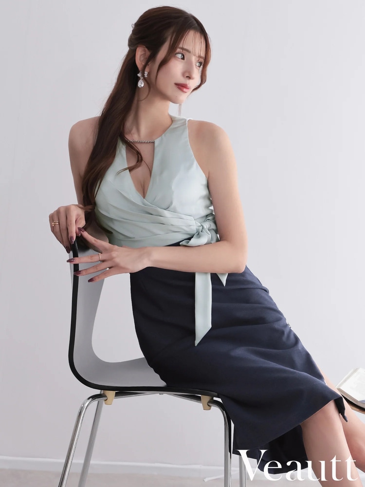 【Veautt】4color 選べるバイカラー カシュクール風 チェーンネック ウエストリボン タイト ミディアムドレス サテン ノンストレッチ 背中ファスナー パッド付き 上品 高級感 同伴 ラウンジ クラブ きれいめ 膝丈 パーティー VT032601