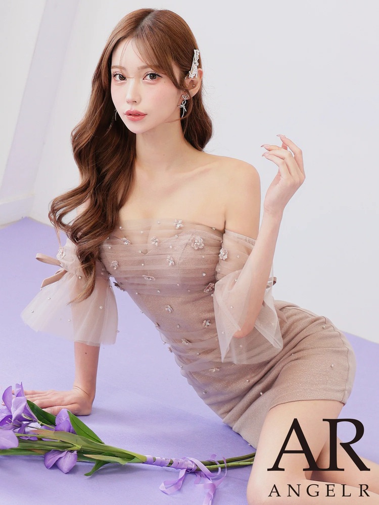 予約(1月中旬～1月下旬入荷予定)【AngelR】4color 選べるカラー チュール ベアトップ 立体フラワー ビジュー フレアスリーブ タイト ミニドレス AR26306