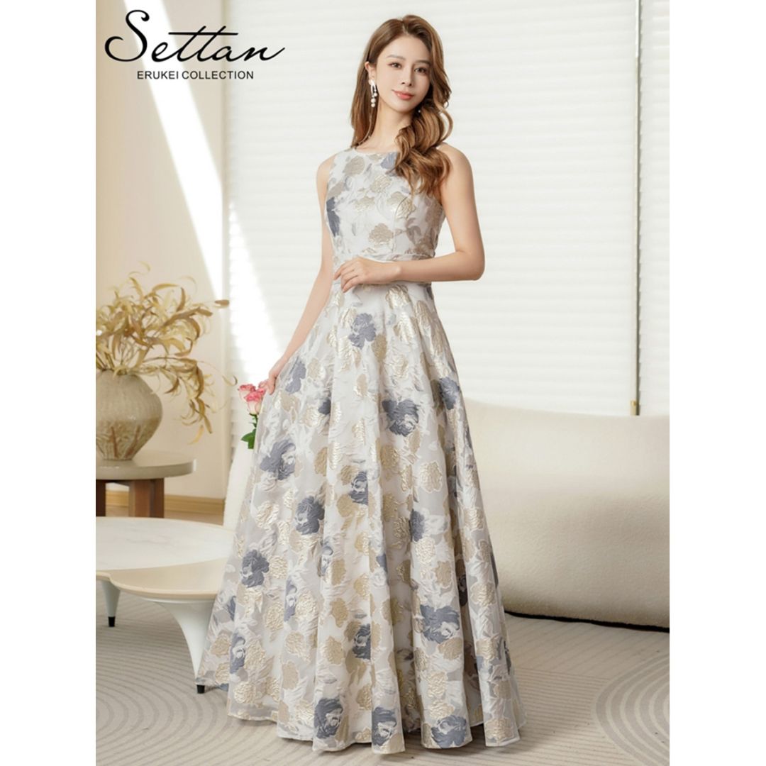 [SETTAN] 金糸 フラワージャガード ノースリーブ ラウンドネック ハイウエスト Aライン ロングドレス ゴールド×グレー 上品 結婚式 披露宴 2次会 演奏会 発表会 パーティー 撮影 衣装 ナイトドレス キャバクラ ナイトワーク 大きいサイズ ERUKEI LK エルケイ 雪丹 S37508