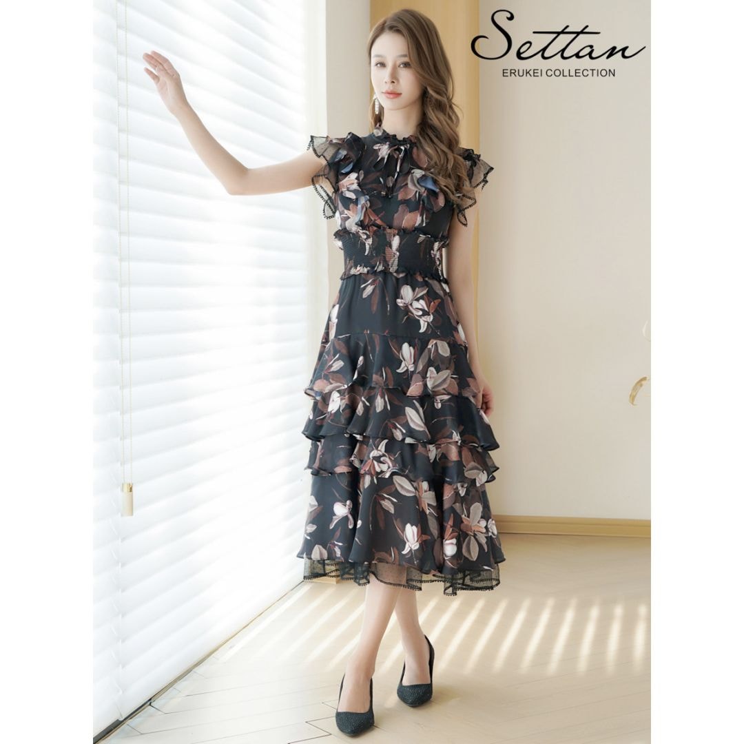 [SETTAN] 花柄 シフォン ティアード フリルスリーブ プチハイネック Aライン ミディアムドレス ワンピース ブラック×ブラウン 上品 結婚式 披露宴 2次会 パーティ 会社 ビジネス 撮影 衣装 クラブ キャバクラ ナイトワーク 大きいサイズ ERUKEI LK エルケイ 雪丹 S121208