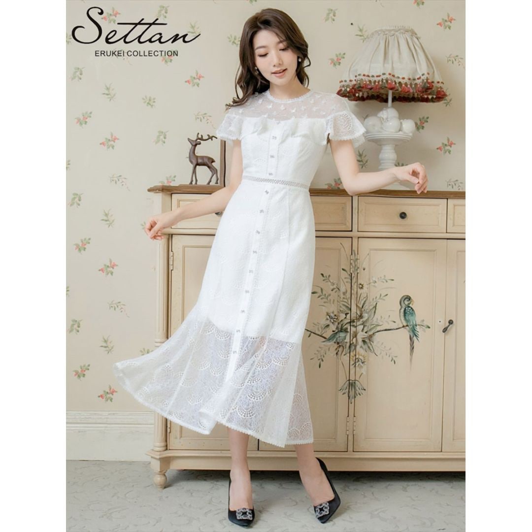 [SETTAN] 2color 総レース シースルー 前ボタン 半袖 Aライン フレア ミディアムドレス ワンピース ホワイト ブラック 上品 結婚式 披露宴 2次会 パーティ 会社 ビジネス 演奏会 撮影 ステージ衣装 キャバクラ ナイトワーク 大きいサイズ ERUKEI LK エルケイ 雪丹 S2595