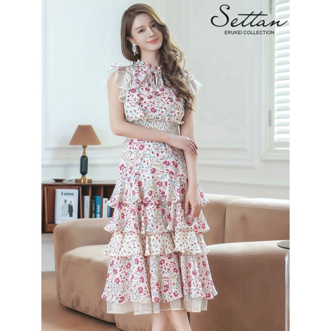 [SETTAN] ティアード フラワープリント プチハイネック リボン フリル袖 シャーリング ミディアムドレス ワンピース ベージュ×レッド 上品 結婚式 2次会 パーティ お食事会 演奏会 発表会 撮影 衣装 キャバクラ ナイトワーク 大きいサイズ ERUKEI LK エルケイ 雪丹 S31208