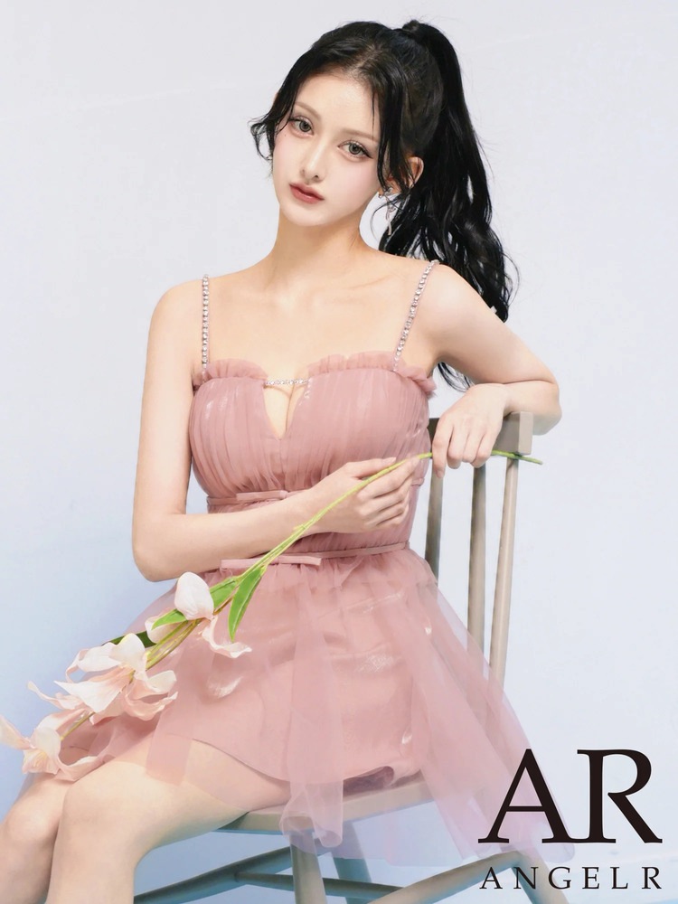 【AngelR】5color 選べるカラー 2WAY肩紐付き ベアトップ プリーツ フリル ビジューチェーン ウエストリボン フレア マイクロミニドレス AR26804