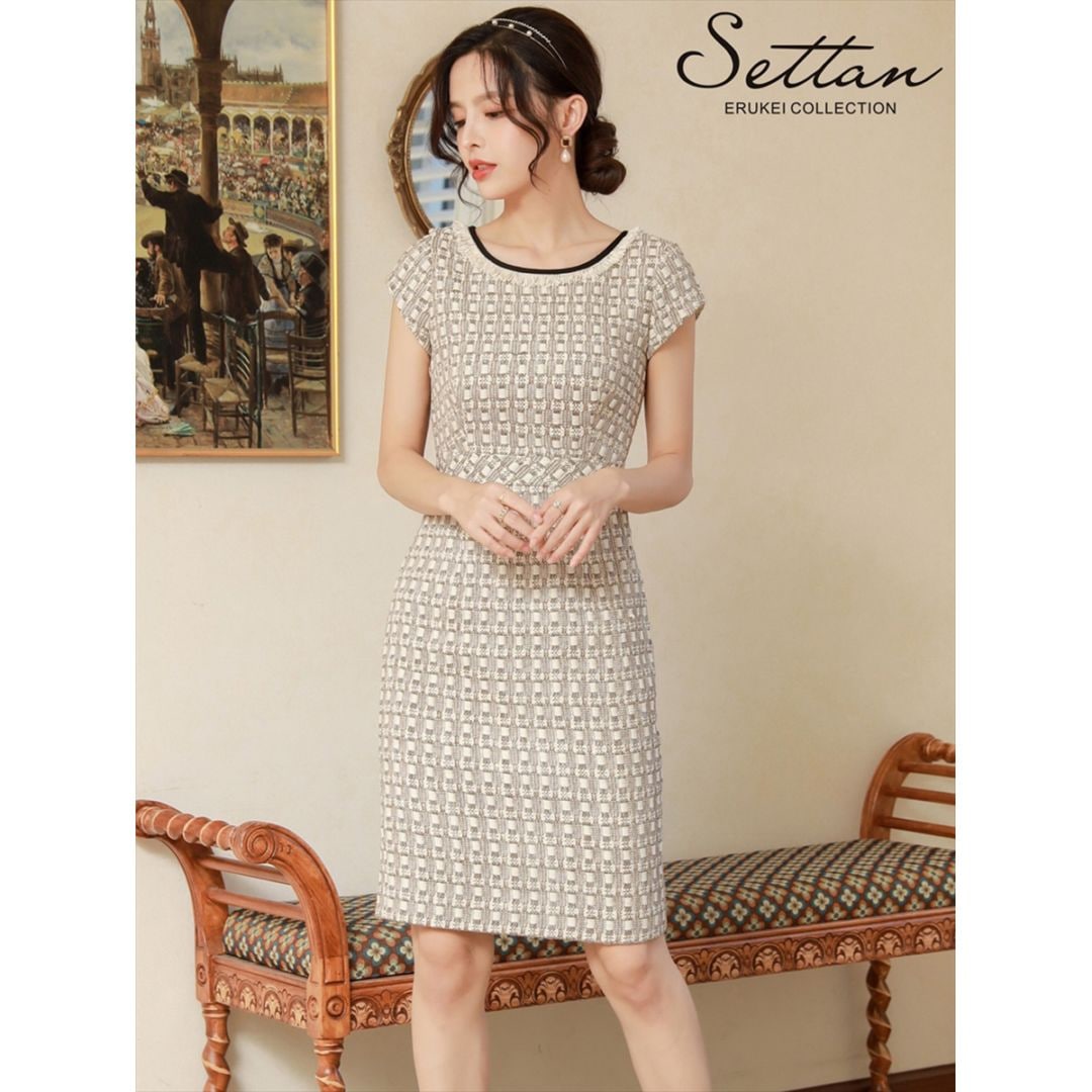 [SETTAN] ツイード チェック フリンジ ラウンドネック キャップスリーブ 半袖 タイト ミディアムドレス ワンピース ベージュ 上品 ビジネス 結婚式 披露宴 2次会 パーティ 演奏会 発表会 撮影 衣装 キャバクラ ナイトワーク 大きいサイズ ERUKEI LK エルケイ 雪丹 S33199