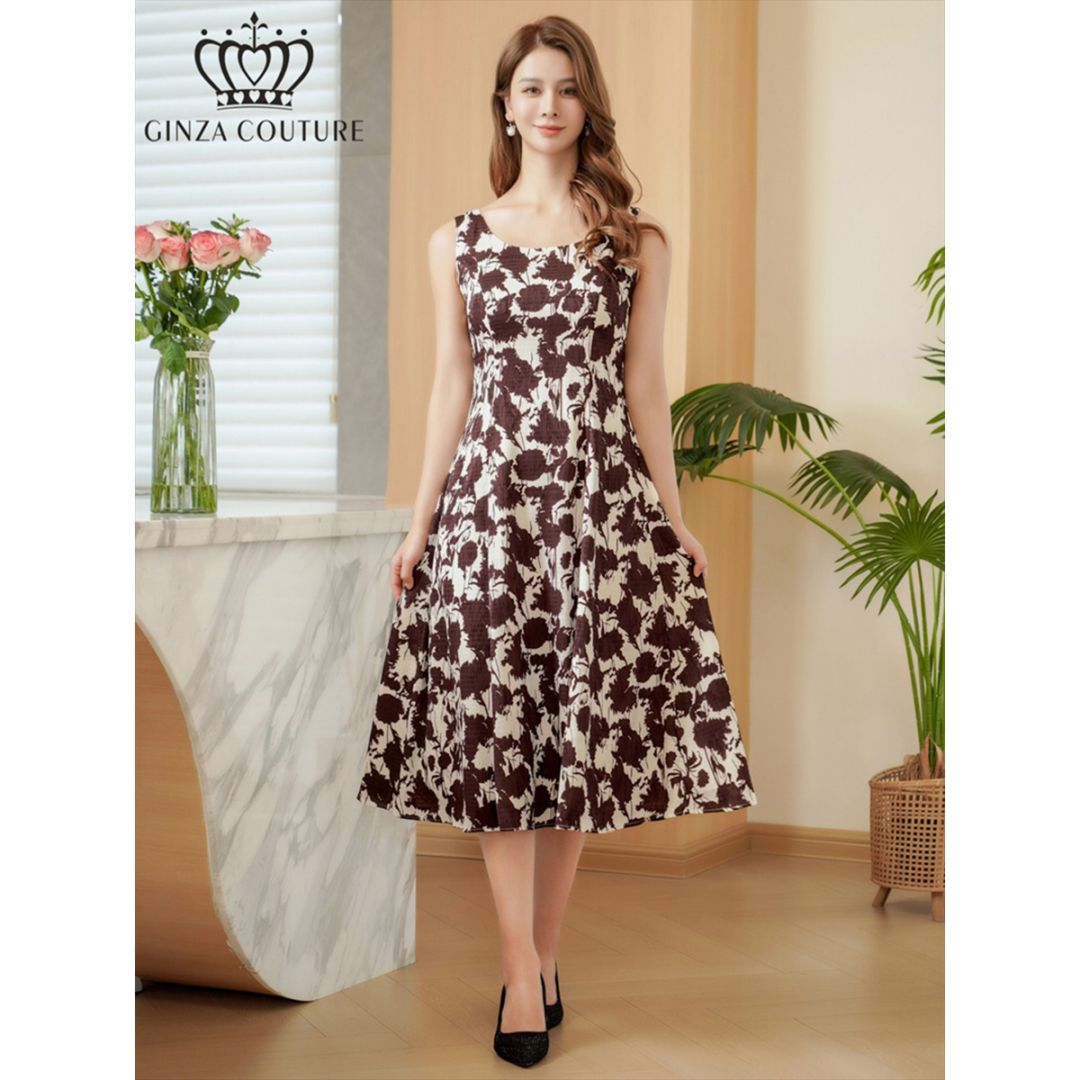 [GINZA COUTURE] 花柄 プリント ノースリーブ Aライン ミディアムドレス ワンピース ベージュ×ブラウン 上品 きれいめ 会社 ビジネス パーティ 結婚式 披露宴 2次会 演奏会 発表会 お食事会 撮影 衣装 ステージ衣装 大きいサイズ ERUKEI LK エルケイ C25238