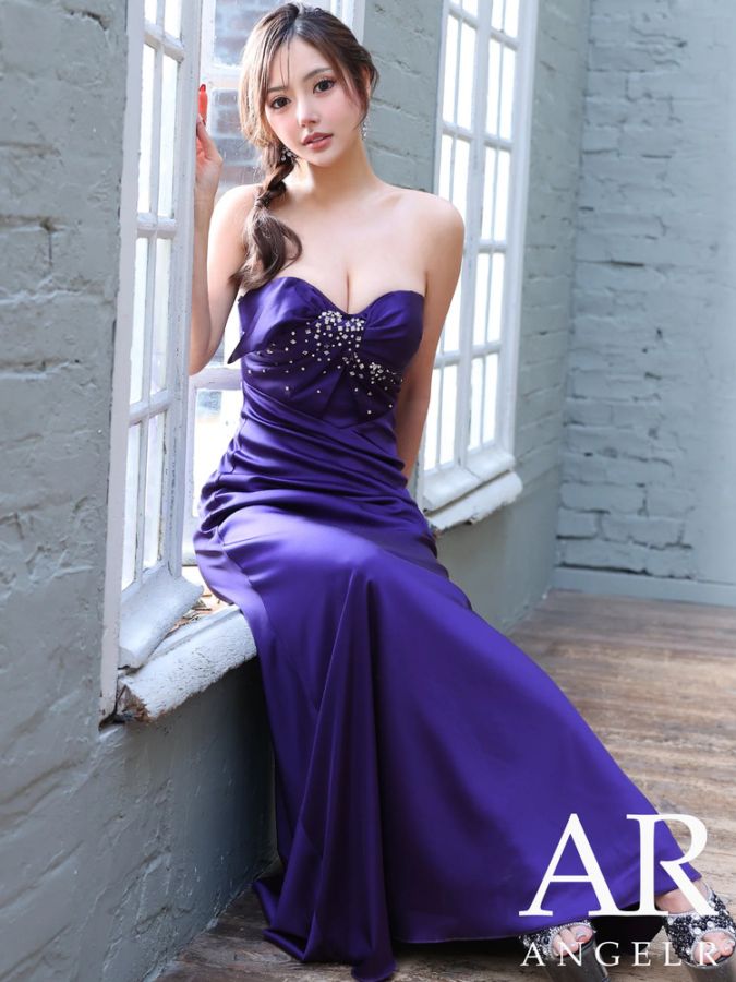 【AngelR】ストレッチサテンフロントドレープビジュー2WAYベアトップフレアロングドレスキャバドレスパーティー結婚式二次会演奏会撮影高級ドレスAR26814