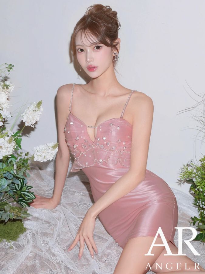 [AngelR]4color立体フラワー刺繍×ビジュー&パールVカット2WAYベアトップフリルタイトミニドレスキャバクラドレスナイトドレスクラブ同伴バースデー撮影ステージ衣装セクシー上品大人谷間魅せ(ピンク/ホワイト/グリーン/シルバー)AR26210