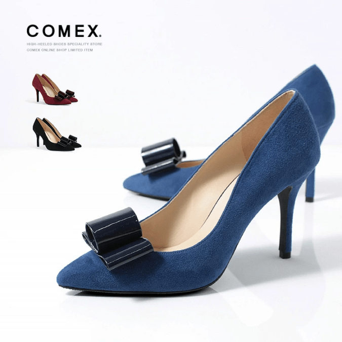 【COMEX/コメックス】スエード エナメルリボン ポインテッドトゥ パンプス 9cm ピンヒール 日本製 本革 ワインスエード ネイビースエード ブラックスエード 5746