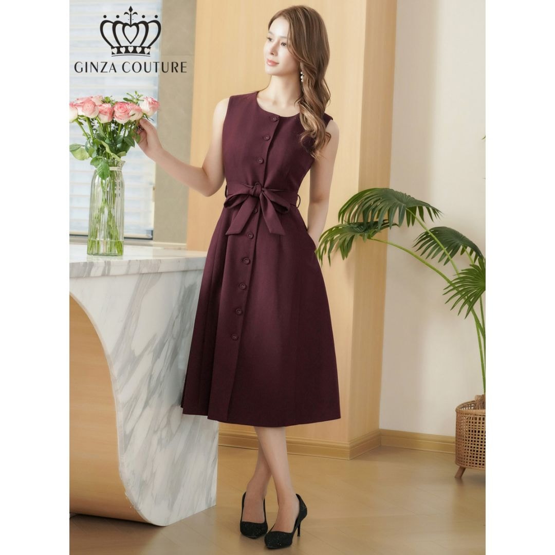 [GINZA COUTURE] 2color シンプル ノースリーブ 無地 前ボタン リボンベルト ポケット Aライン ミディアムドレス ワンピース ワインレッド ネイビー パーティ 結婚式 披露宴 2次会 会社 ビジネス 演奏会 発表会 撮影 衣装 大きいサイズ ERUKEI LK エルケイ C2940