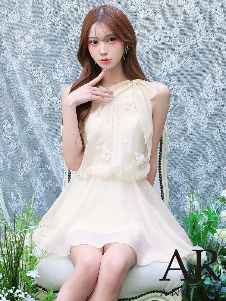 AngelR ネックリボン フラワーモチーフ シアー シフォン フレア マイクロ ミニドレス AR26810