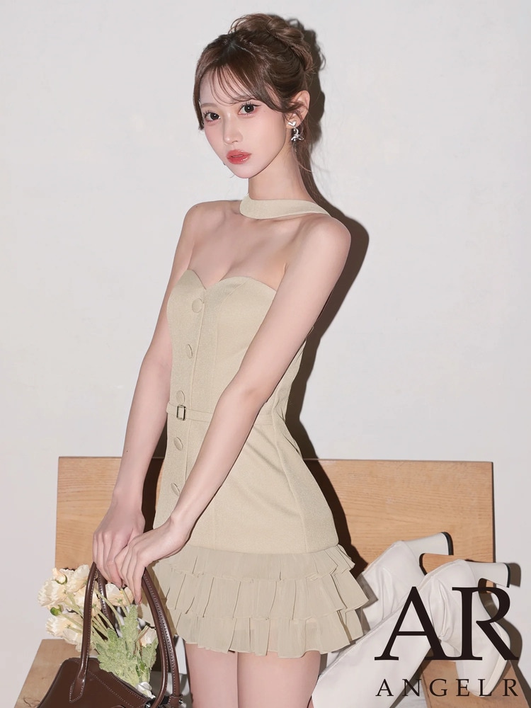 AngelR フロントボタン 立体切替 ウエストベルト フリルフレア チョーカー取外し2WAY ベアトップ マイクロミニドレス AR26208