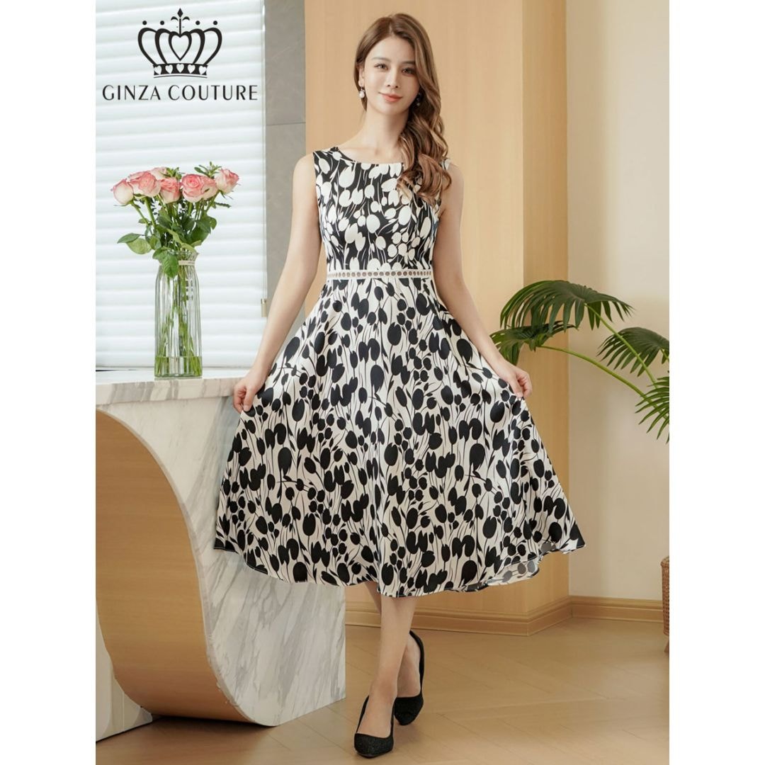 [GINZA COUTURE] サテン 花柄 プリント ハイウエスト レース切替 Aライン ボートネック ミディアムドレス ワンピース ブラック×ホワイト 結婚式 披露宴 お食事会 会食 2次会 発表会 演奏会 撮影 衣装 イベント ナイトワーク キャバクラ ナイトドレス ERUKEI LK C25235