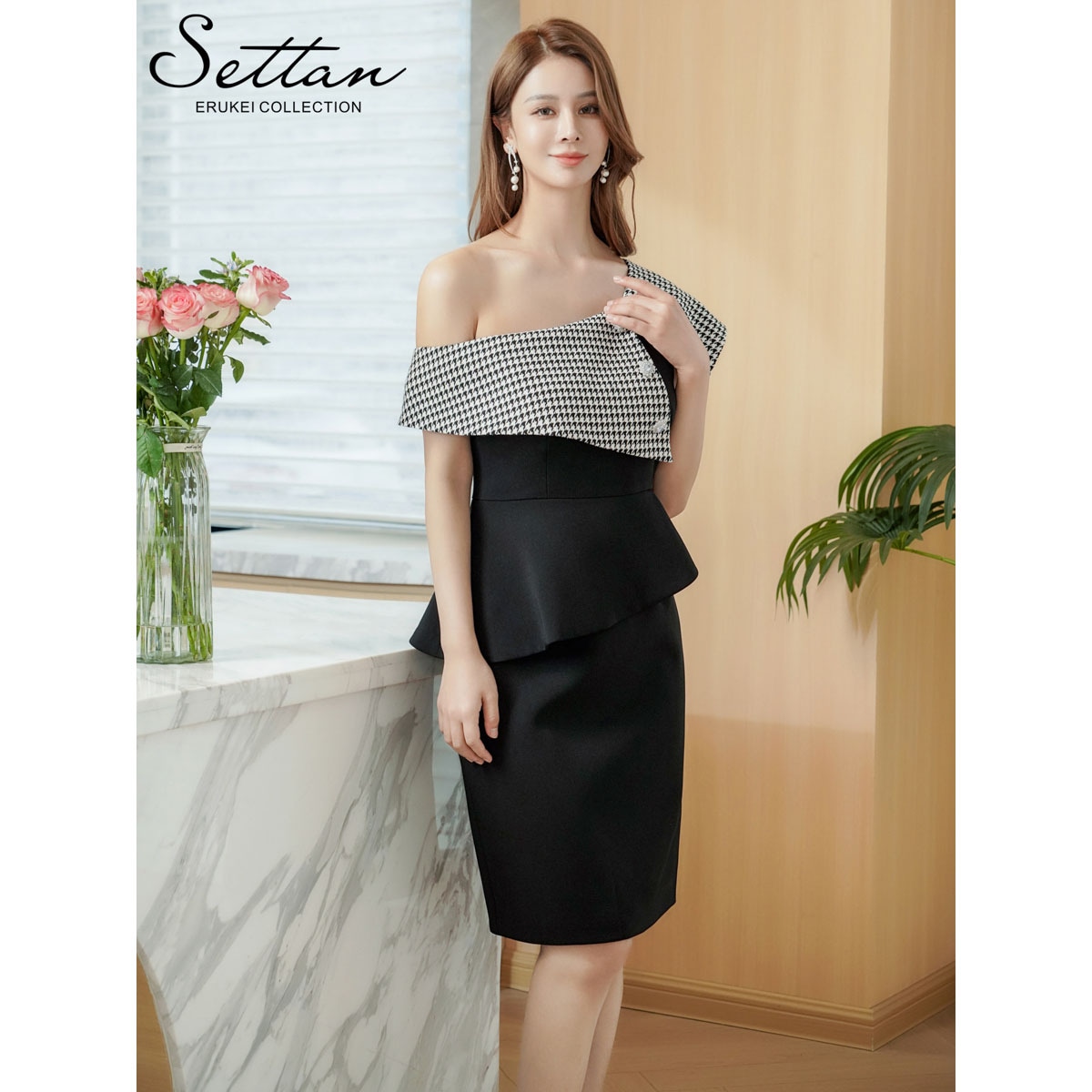 [SETTAN] 千鳥格子柄 モノトーン ビジューボタン ワンショルダー ペプラム タイト ミニドレス ワンピース ブラック×ホワイト パーティ 結婚式 披露宴 女子会 お食事会 2次会 発表会 演奏会 撮影 衣装 イベント クラブ ナイトワーク キャバクラ ナイトドレス 雪丹 S25277