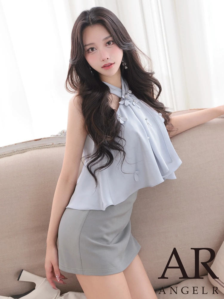 予約(3月下旬～4月上旬入荷予定)【AngelR】立体フラワー クロスホルター シフォン バイカラー セパレート フレアトップス マイクロミニドレス AR26817