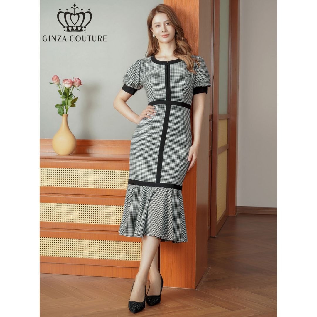 [GINZA COUTURE] 千鳥格子柄 パフスリーブ 半袖 ブラック切替 タイト マーメイド ミディアムドレス ワンピース ブラック×ホワイト パーティ 結婚式 披露宴 女子会 お食事会 発表会 演奏会 衣装 イベント クラブ キャバクラ ナイトドレス ビジネス 雪丹 ERUKEI LK C25267