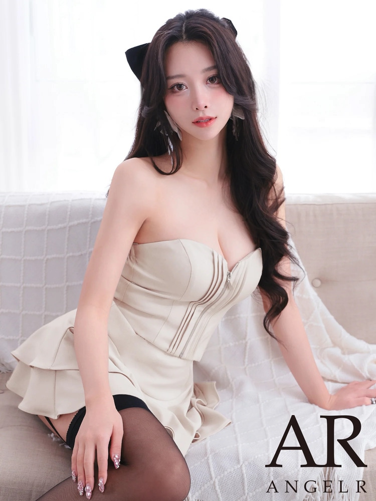 予約(3月下旬～4月上旬入荷予定)[AngelR] フロントジップ 2WAY ベアトップ キャミ 肩紐付き ハイウエスト 立体フレア セパレート マイクロミニ セットアップ キャバドレス ナイトドレス パーティ 二次会 クラブ ラウンジ キャバクラ AR26816 イエロー 生成り グリーン グレー