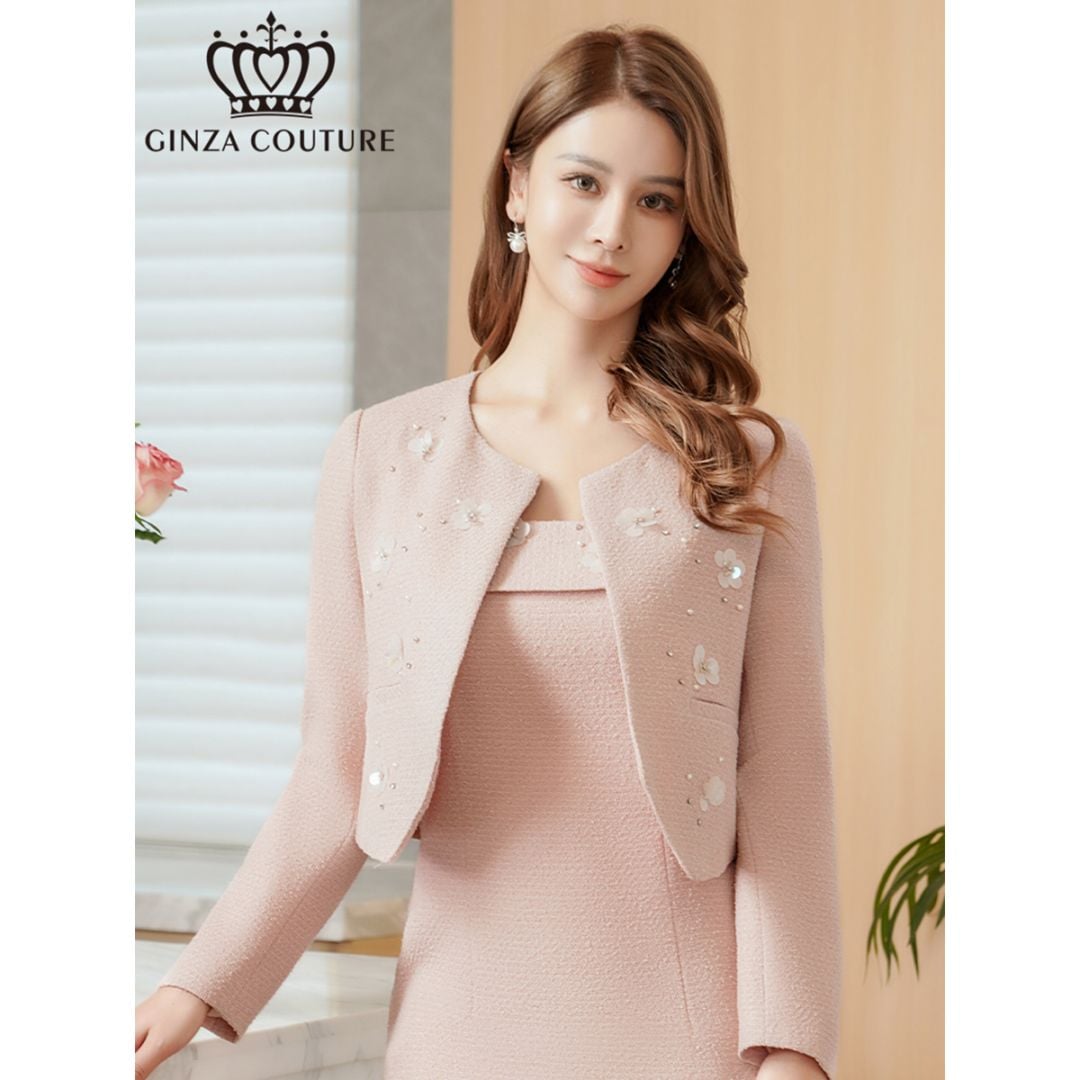 [GINZA COUTURE] 2color スプリングツイード ジャケット 単品 羽織り スパンコール お花 ビーズ ノーカラー 長袖 肩パッド フォーマル ピンク アイボリー お顔合わせ 食事会 結婚式 披露宴 2次会 発表会 演奏会 撮影 衣装 ステージ衣装 ナイトワーク ビジネス 雪丹 C2948