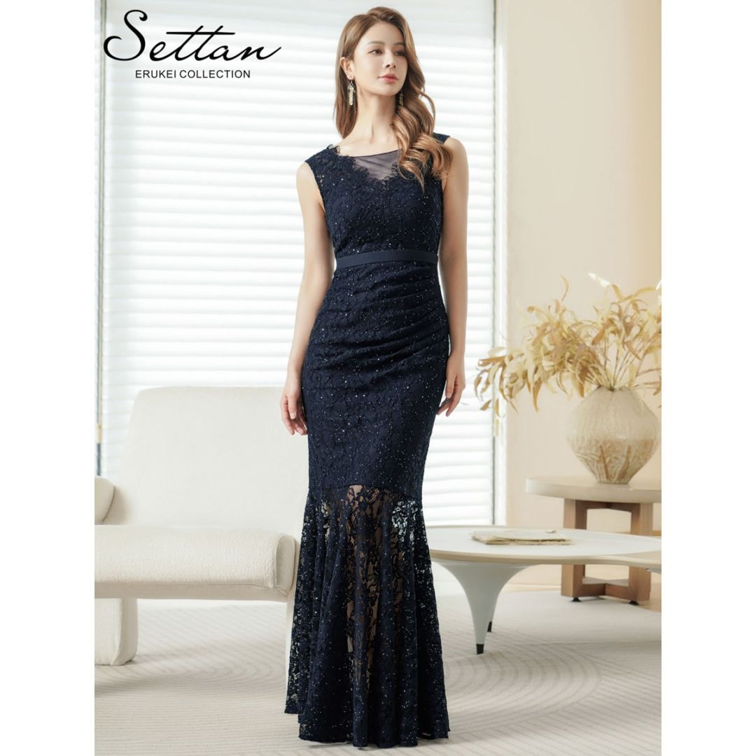 [SETTAN] 3color 総レース スパンコール シアー Vネック ノースリーブ ハイウエスト タイト マーメイド ロングドレス ワンピース ネイビー レッド ホワイト パーティ 結婚式 披露宴 お食事会 会食 2次会 発表会 演奏会 撮影 衣装 キャバクラ ナイトドレス 雪丹 S25141