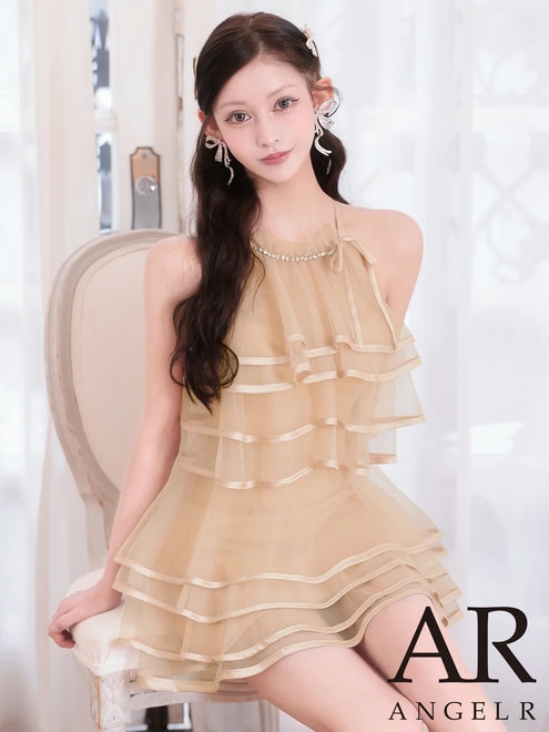 予約(3月下旬～4月上旬入荷予定)[AngelR] ティアード フリル ホルターネック ネックリボン ビジュー チュール シフォン シアー メッシュ フレア マイクロミニドレス ワンピース キャバドレス ナイトドレス パーティ 発表会 撮影 衣装 ブラック ブルー ベージュ ピンク AR26815