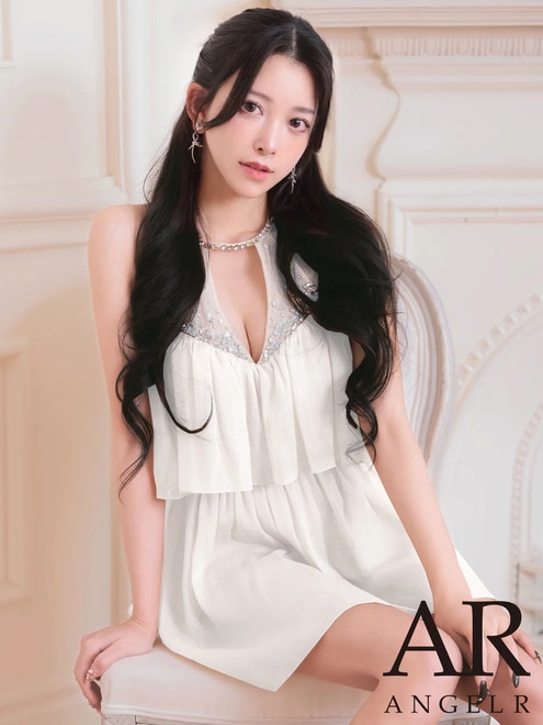 予約(4月上旬～4月中旬入荷予定)[AngelR] ホルターネック ビジュー レイヤード風 シフォン フレア マイクロミニドレス ワンピース キャバドレス ナイトドレス パーティ 発表会 撮影 衣装 ホワイト ピンク アイスグレー ブルー AR26317
