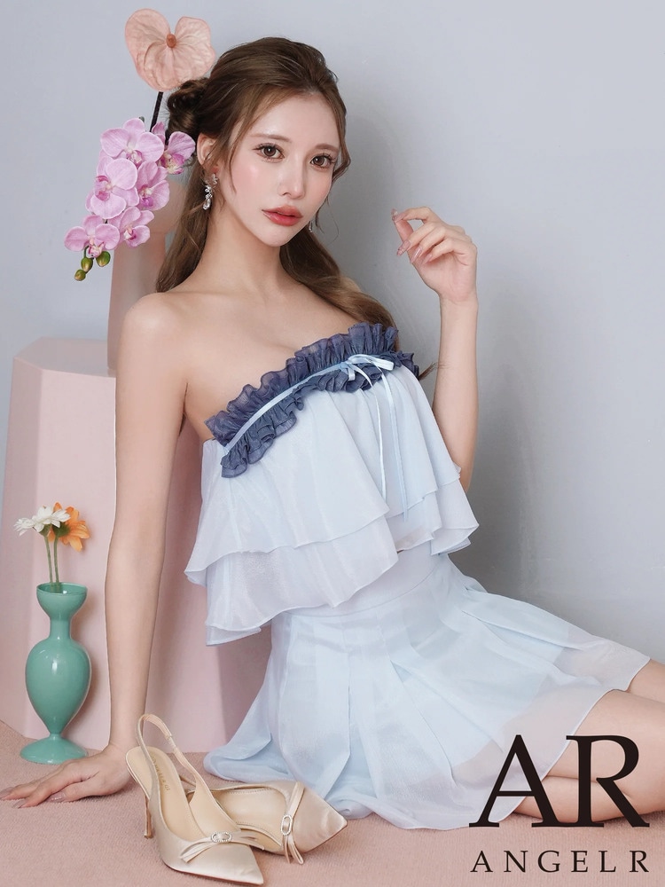 予約(5月上旬～5月中旬入荷予定)[AngelR] ドットチュール シフォン シアー リボン フレア マイクロミニドレス セットアップ ベアトップ スカート ブルー ネイビー 生成り ピンク キャバドレス キャバクラドレス ナイトドレス ラウンジ クラブ パーティー 撮影 衣装 イベント AR26320