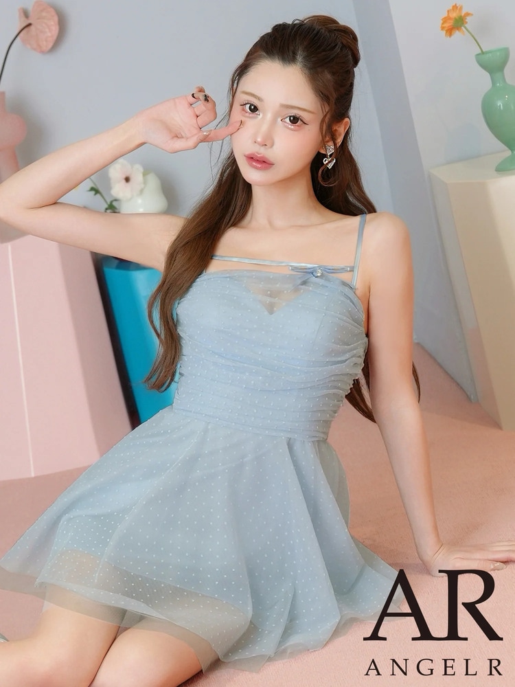予約(5月上旬～5月中旬入荷予定)[AngelR] ドットチュール シアー リボン キャミソール ギャザー フレア マイクロミニドレス ワンピース ブルー ピンク 生成り モカ キャバドレス キャバクラドレス ナイトドレス ラウンジ クラブ パーティー イベント 撮影 発表会 演奏会 AR26215