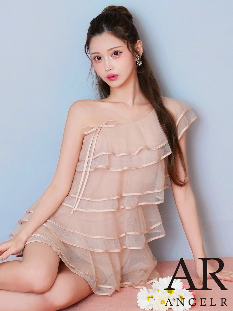 予約(5月上旬～5月中旬入荷予定)[AngelR] 4color ワンショルダー チュール フリル サテン シースルー リボン フレア マイクロミニドレス ワンピース ピンク ホワイト ブルー ベージュ キャバドレス キャバクラドレス ナイトドレス ラウンジ クラブ パーティー 撮影 イベント 発表会 演奏会 AR26827