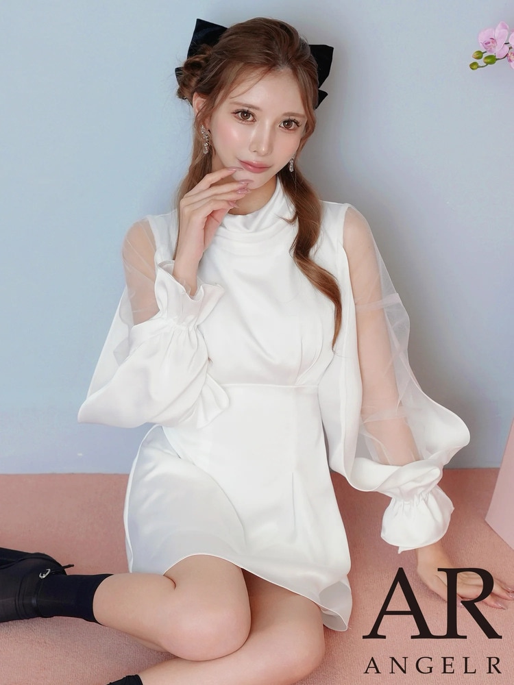 予約(5月上旬～5月中旬入荷予定)[AngelR] 4color ハイネック ショルダーカット バックリボン サテン メッシュ フレア マイクロミニドレス ワンピース ホワイト ベージュ ピンク ブルー キャバドレス パーティー ラウンジ クラブ 撮影 AR26830