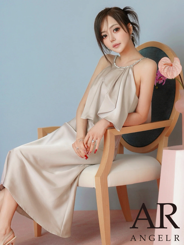 予約(5月上旬～5月中旬入荷予定)[AngelR] 4color ホルターネック フロントフリル ビジュー リボン サテン Aライン ロングドレス キャバドレス パーティードレス ワンピース ベージュ ライトグレー ブラック ピンク ラウンジ クラブ 撮影 発表会 AR26832