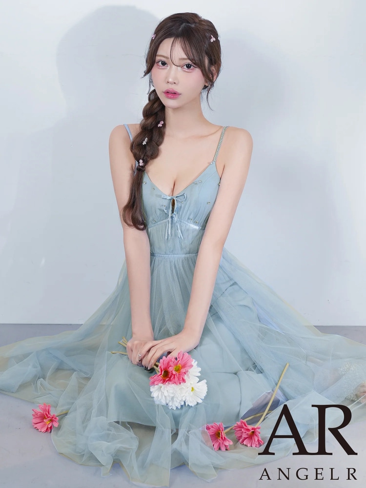 [AngelR] 4color バストレースアップ リボン ビジュー フレア ミディアムロングドレス ワンピース ブルー 生成り ベージュ ピンク キャバドレス ラウンジ クラブ パーティー 撮影 衣装 AR26831