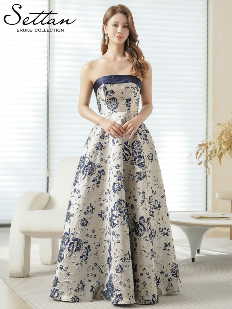 [SETTAN] ベアトップ ジャガード 金糸 花柄 Aライン 切替 フレア ロングドレス ワンピース シルバー×ネイビー パーティ 結婚式 披露宴 女子会 お食事会 2次会 発表会 演奏会 撮影 ステージ 衣装 イベント クラブ  キャバクラ ナイトドレス  雪丹 エルケイ ERUKEI S37511