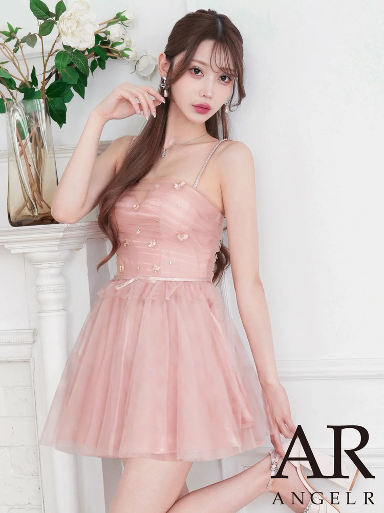 予約(6月上旬～6月中旬入荷予定)[AngelR] 4color アッパーフラワーデザイン メッシュ ウエストリボン シフォン フリル フレアミニドレス ワンピース ピンク 生成り ミントグリーン サックス キャバドレス ラウンジ クラブ パーティー バースデー 撮影 衣装 レディース AR26327