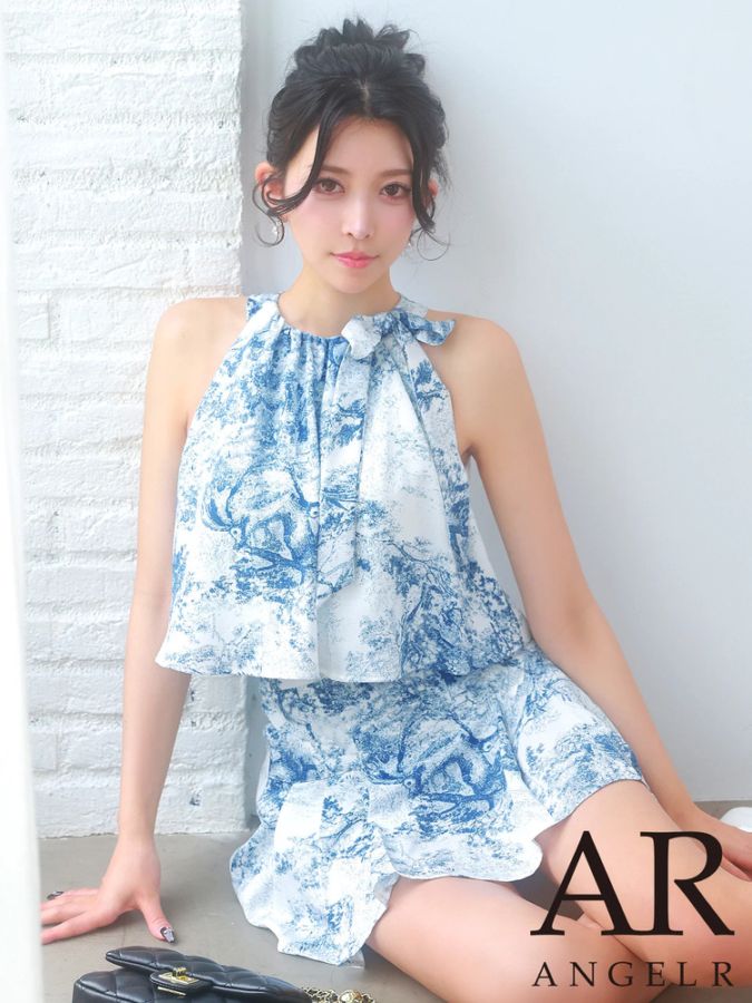 予約(6月上旬～6月中旬入荷予定)[AngelR] 3color トワルドジュイ柄 リボン ホルターネック セパレート フレア ミニドレス ワンピース セットアップ ブルー ピンク ブラック キャバドレス ナイトドレス ラウンジ クラブ AR26834