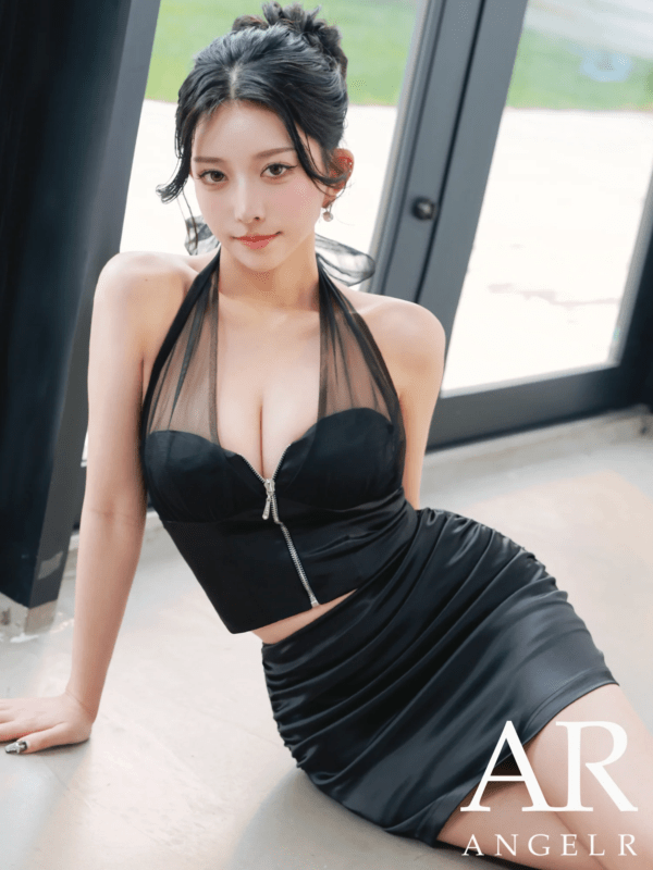 再入荷[AngelR] 3color ネックリボン シアー フロントファスナー サテン セパレート タイト マイクロミニドレス ワンピース ブラック シャンパン ブルー パーティ 結婚式 二次会 撮影 衣装 キャバドレス エンジェルアール AR26837