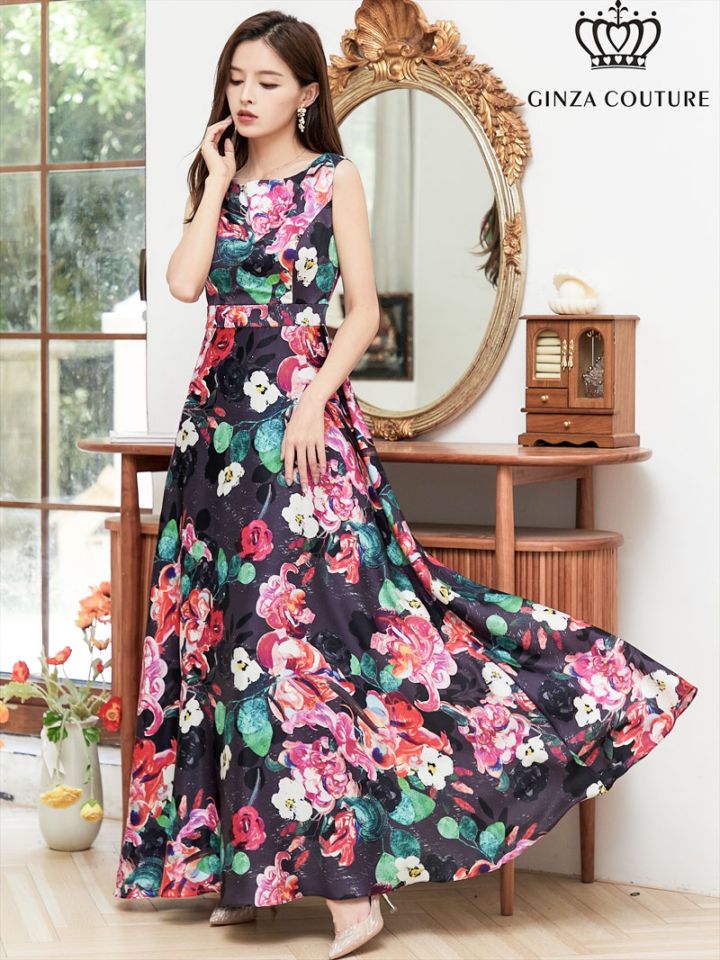 GINZA COUTURE] 2color サテン 花柄 プリント ノースリーブ Aライン