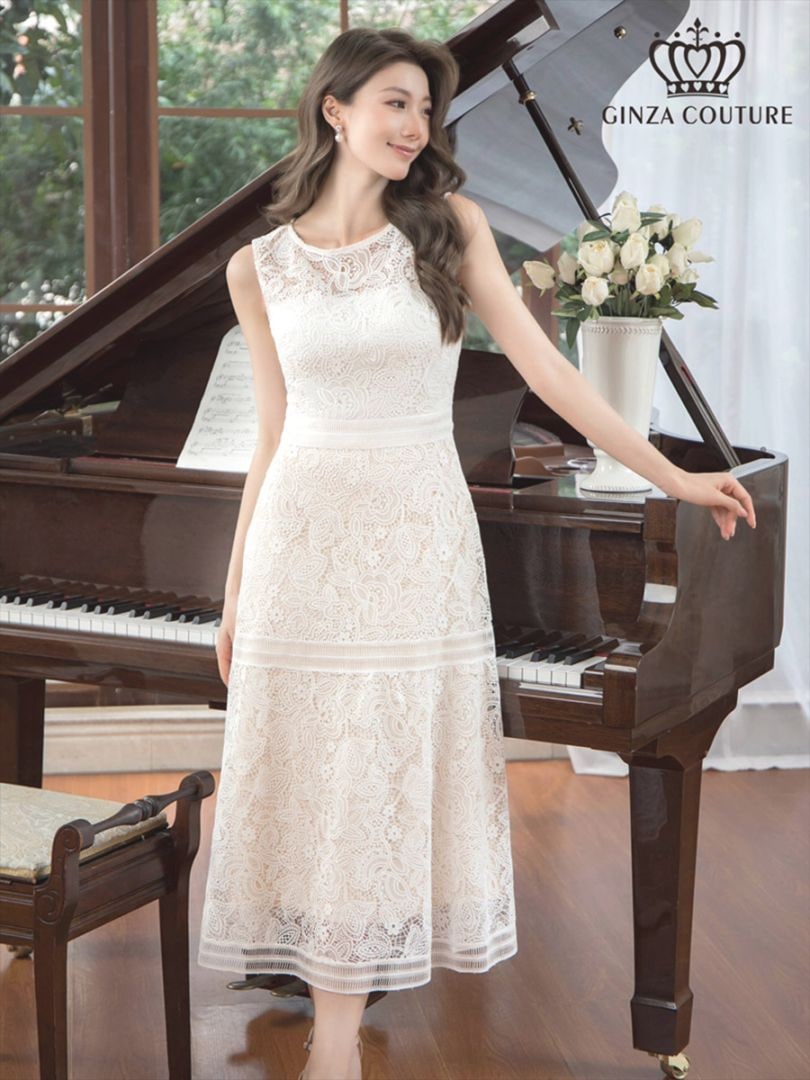 [GINZA COUTURE] 総レース ノースリーブ ハイウエスト Aライン ミディアムドレス ワンピース ホワイト パーティ 結婚式 披露宴 女子会 お食事会 会食 2次会 発表会 演奏会 撮影 衣装 イベント ナイトワーク キャバクラ 雪丹 エルケイ ERUKEI LK 銀座クチュール C23060