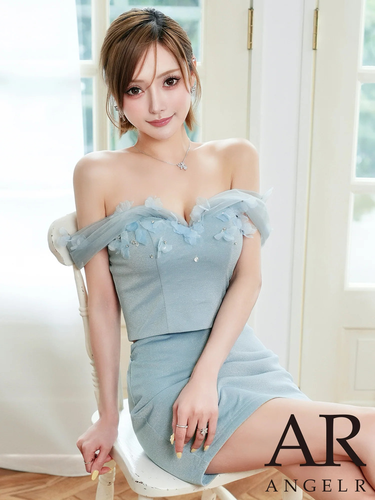 [AngelR] 4color シフォンオフショルダー フラワー ビジュー メッシュ ラメ セパレート タイト マイクロミニドレス ホワイト ピンク ブルー シャンパン キャバドレス クラブ ラウンジ パーティー 撮影 イベント ナイトドレス エンジェルアール AR26326