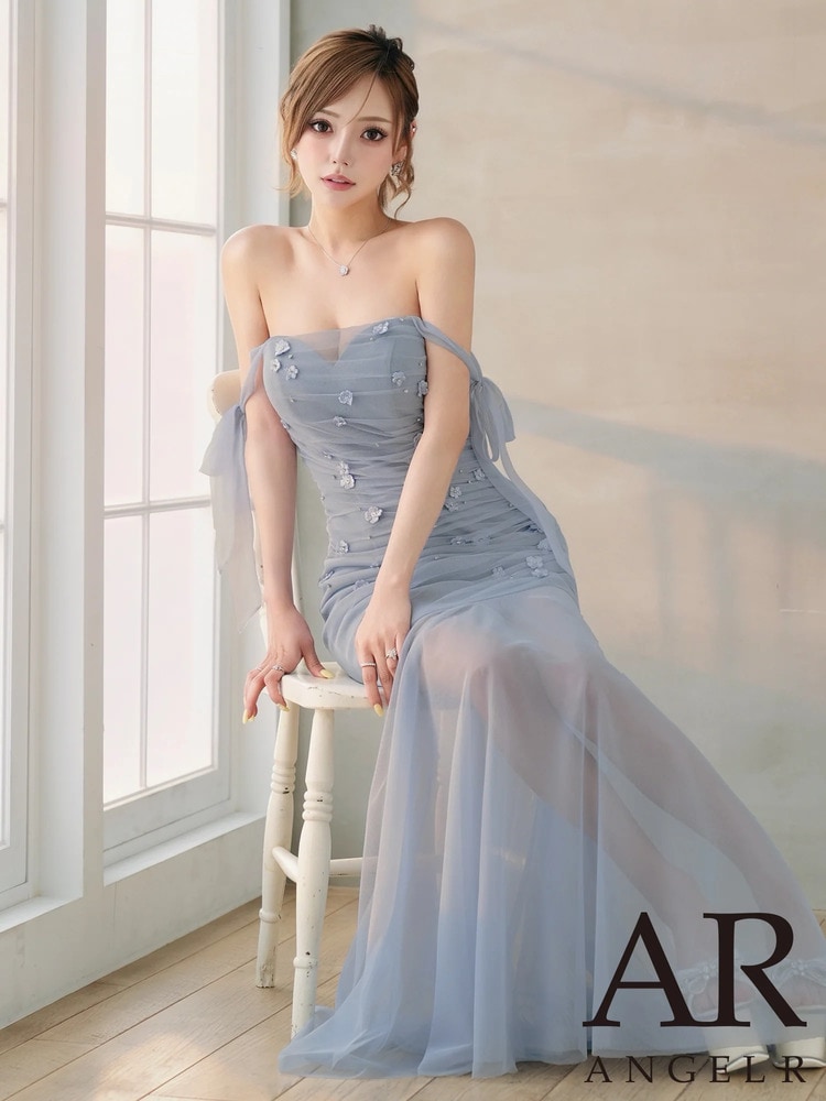 [AngelR] 4color ショルダーリボン オフショルダー フラワー ビジュー メッシュ 2way タイト ロングドレス ワンピース ブルー ホワイト イエロー ピンク パーティ 結婚式 二次会 撮影 衣装 キャバドレス エンジェルアール AR26331