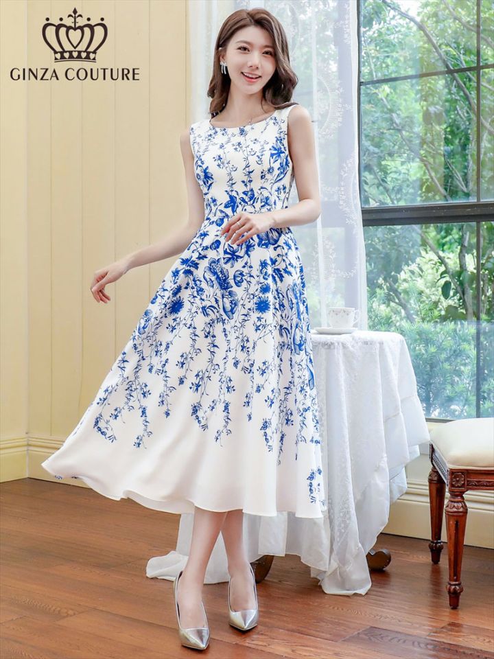[GINZA COUTURE] 花柄 フラワー ボタニカル プリント ノースリーブ Uネック Aライン フレア ミディアムドレス ワンピース ホワイト ブルー パーティ 結婚式 披露宴 女子会 お食事会 会食 発表会 演奏会 撮影 衣装 雪丹 エルケイ ERUKEI LK 銀座クチュール C31215A