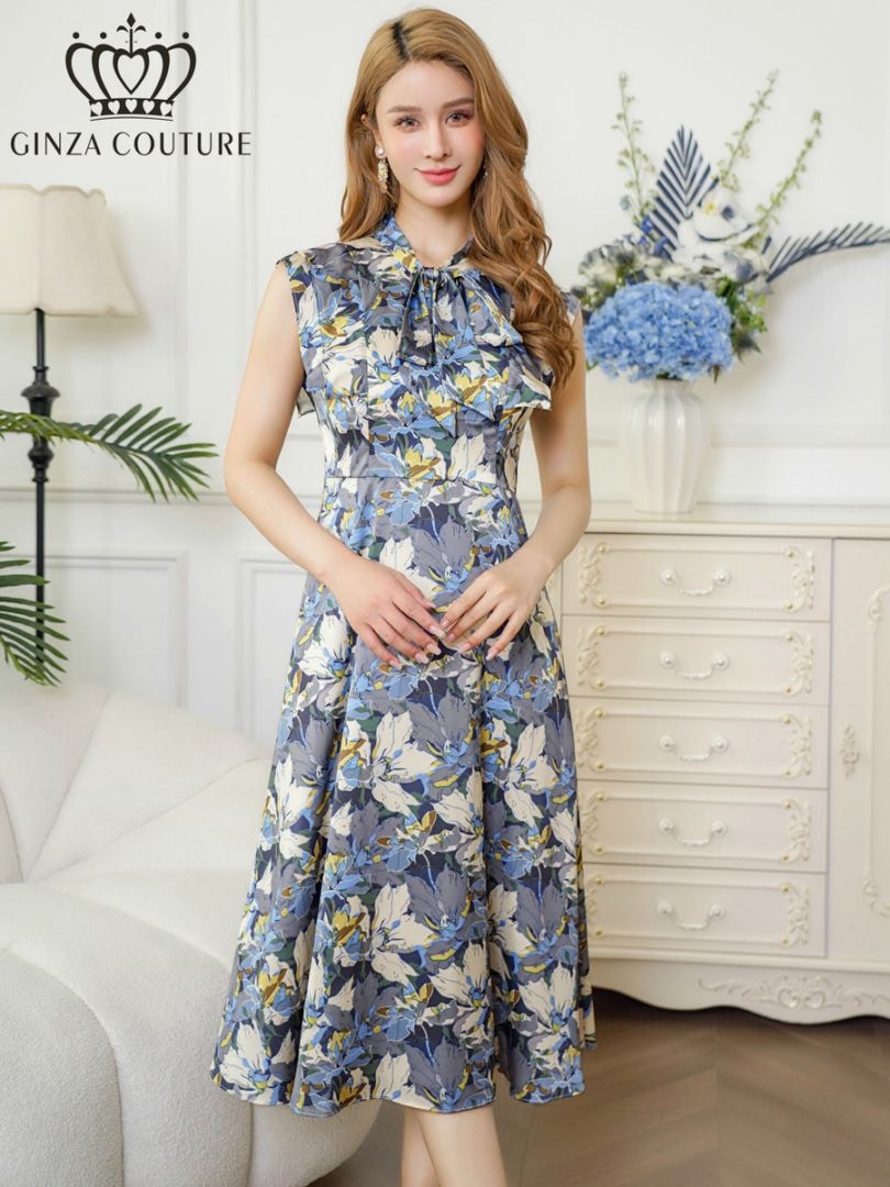 [GINZA COUTURE] サテン プリント 花柄 リボン ノースリーブ Aライン ミディアムドレス ワンピース ベージュ×グレー パーティ 結婚式 女子会 お食事会 2次会 発表会 演奏会 撮影 衣装 イベント ナイトワーク キャバクラ 雪丹 銀座クチュール エルケイ ERUKEI LK C24066