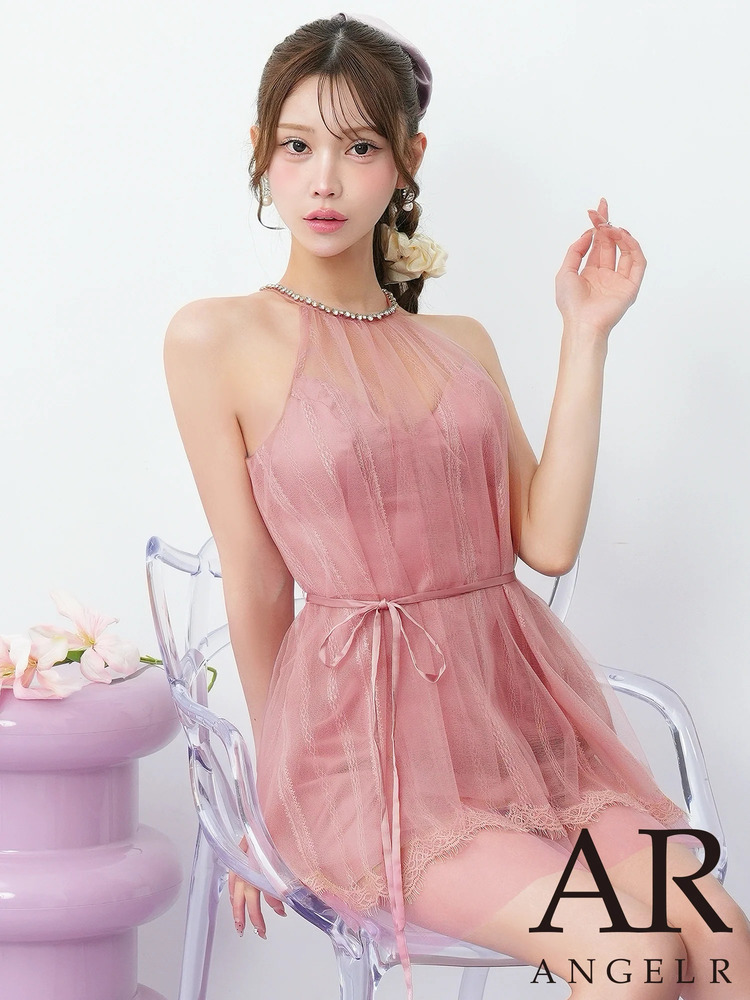 予約(7月上旬～7月中旬入荷予定)[AngelR] 3color ホルターネック ビジュー チュール フラワーレース ウエストリボン フレア マイクロミニドレス ワンピース ピンク ホワイト ブラック パーティ 結婚式 披露宴 女子会 お食事会 2次会 発表会 撮影 衣装 イベント クラブ キャバクラ ナイトドレス AR26846