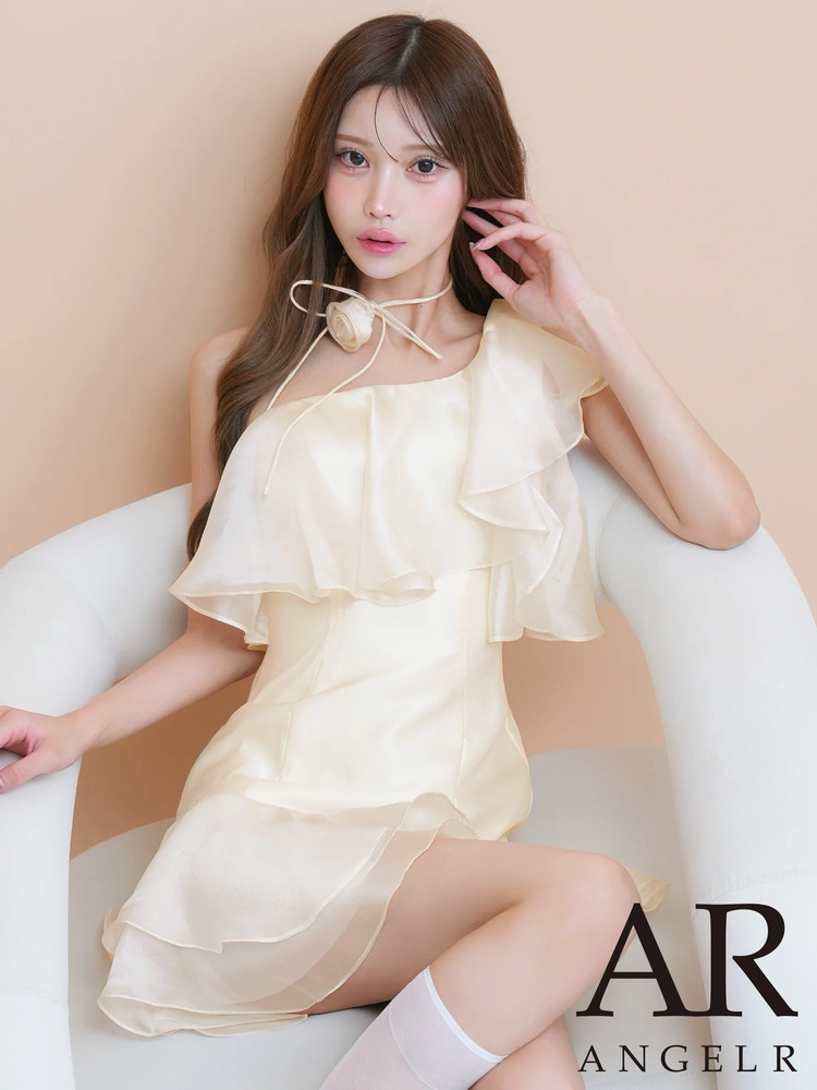予約(7月上旬～7月中旬入荷予定)[AngelR] 3color ワンショルダー ローズモチーフ 首紐 フリル フラワー フレア マイクロミニドレス ワンピース アイボリー ピンク グレー パーティ 結婚式 披露宴 女子会 お食事会 2次会 発表会 撮影 衣装 イベント クラブ キャバクラ ナイトドレス AR26845