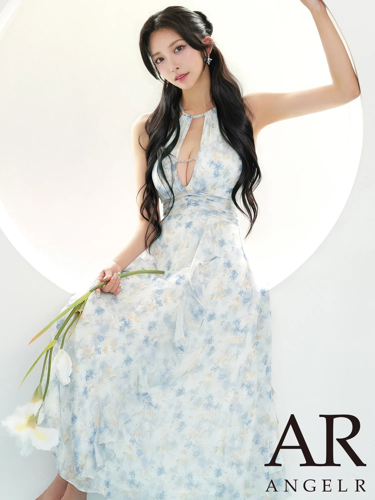 予約(7月上旬～7月中旬入荷予定)[AngelR] 3color ホルターネック バストカット ビジューチェーン フラワー シフォン フリル フレア ロングドレス ワンピース ブルー ピンク イエロー パーティー 二次会 発表会 演奏会 お食事会 キャバドレス ナイトドレス AR26339