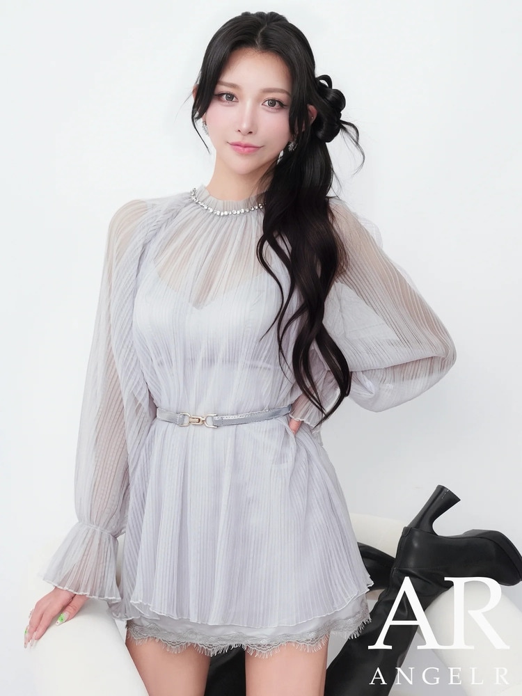 予約(7月中旬～7月下旬入荷予定)[AngelR] プリーツチュール ネックビジュー ベルト付き レース フレア マイクロミニドレス | エンジェルアール キャバドレス ミニドレス シフォン ロングスリーブ 細見え キャバクラ レディース 高級ドレス ナイトドレス AR26849
